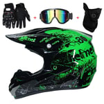 Full Face Helmet,Motorcycle Motocross Helmet Adult Full Face MTB Helmet Set with Goggles Gloves Mask Helmet Net, Motorbike Crash Helm,Green,M(54~55cm)