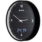 BRESSER MyTime Horloge Murale Radio-pilotée LED avec Cadran de 24 cm, Affichage des Secondes LED, température intérieure et Mouvement Radio-piloté Silencieux Noir