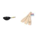 Dexam 12108411 Non Stick Carbon Steel Wok with Wood Handle 27cm/10.5 -inch, Black (Non-Stick Coating) & Tala Wooden Spatula Set