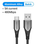 Câble USB Type C Vention 66W 5A pour Huawei P40 P30 Câble de Charge Rapide a Angle de 180° pour Nintendo Switch Xiaomi Câble USB C en Forme de U, Gris Droit - 3M