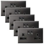 5 x Double Wall Socket Switched Black Nickel 2 Gang Screwless 13a Double Pole N410-GME
