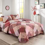 Qucover Patchwork Couvre Lit, Dessus de Lit et Couvre Lit 2 Personnes 240x260 cm avec 2 Taies d'oreiller 50x75 cm, Ensemble Couvre Lit Matelassé Réversible Multicouleurs Rose Decoratif pour Chambre