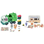 Bluey Garbage Truck Vehicle Playset with Two 2.5"-3" Official Collectable Character Action Figures with the Bin Man and 2 Rubbish Bin Accessories & s Caravan Playset, 2.5-3 inch figures