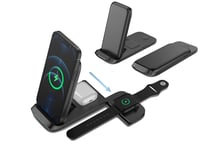 Supreme Foldable Wireless Charger, 15W 3in1 Charging Dock Compatible with Apple iPhone 8/9/10/11/12 Series Apple Watch 3/4/5/6 Series AirPods,Fast Charger for Samsung S10/S20/S21 Qi Certified (Black)