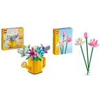 LEGO Creator 3in1 Flowers in Watering Can Toy to Welly Boot to 2 Birds on a Perch & Creator Lotus Flowers Set, Bouquet Building Kit for Girls, Boys and Flower Fans
