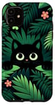 Coque pour iPhone 11 Chat mignon cachant des feuilles de palmier vertes motif floral chat noir