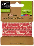 Vaessen Creative Ruban de Noël, Merry Christmas Blanc, 100% Coton, pour Emballer des Cadeaux et d’Autres Projets Créatifs, Tissu, Rouge/écru, 200 x 1,5 cm
