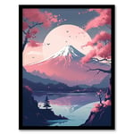 Artery8 Mount Fuji View Through Cherry Blossom Trees Pastel Colour Painting Pink Purple Blue Serene Lake Reflection Japanese Landscape Artwork Framed Wall Art Print 18X24 Inch