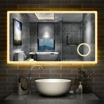 AICA sanitaire 100x60cm Miroir lumineux Horloge + loupe + bluetooth + tricolore + anti-buée salle de bain dimmable mémoire tactile led