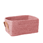 Rice - Raffia Rektangulær Kurv m. Læder Håndtag - Soft Pink