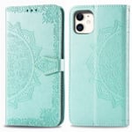 Scratch Resistant Genuine Leather Case Halfway Mandala Embossing Pattern Horizontal Flip Leather Case With Holder and Card Slots Lanyard, for IPhone 11 (Color : Green)