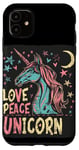 Coque pour iPhone 11 Licorne amusante avec corne colorée avec amour et paix