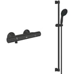 GROHE Precision Start Thermostatic Shower Mixer with Vitalio Start 110 Shower Set (Water-Saving, Safety Button at 38°C, Round 11 cm Hand Shower 2 Sprays: Rain & Jet, Hose 1.75m, Rail 90cm), Matt Black