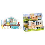 Bluey Beach Cabin Playset, With Exclusive Figure With Goggles. Includes 10 Play Pieces & 's Caravan Adventure Playset Flip and Fold Out Feature Kitchen and Camp Beds including 2.5 Inch