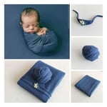Bespeture Newborn Photography Props Baby Wraps Blanket Stretch Photo Posing Accessories for Girls Boys Milk Fiber Fabric (wrap+blanket, navy blue)