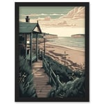 Summer Beach House Coastal Landscape Illustration Artwork Framed Wall Art Print A4