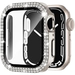 Bling Glass+ skydd för Apple Watch Case 45mm 41mm 40mm 44mm 42mm 38mm Diamant stötfångare+skärmsskydd iwatch serie 7 9 8 5 6 SE C stjärnljus C starlight 40mm Series 654 SE