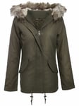 Ladies Sequin Detail Khaki Camo Fur Hooded Winter Parka Jacket 8-16