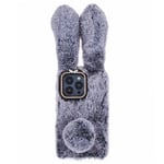 iPhone 15 Pro Fleksibelt Plastbakdeksel m. Pels - Kaninører - Grå