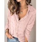 Vår och sommar Nytt dammode Europeiska och amerikanska långärmade skjortor Pikékrage Jacquard Enfärgad skjorta Dam light pink m