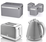 SWAN Retro Grey Jug Kettle 2 Slice Toaster Bread Bin & Canisters Kitchen Set