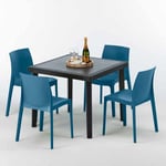 Grand Soleil - Table Carrée Noire 90x90cm Avec 4 Chaises Colorées Set Extérieur Bar Café Rome Passion Couleur: Bleu