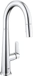 GROHE Veletto – Single Lever Kitchen Sink Mixer Tap with Pull-Out Dual Spray (High C-Spout, 28 mm Ceramic Cartridge, 360° Swivel Range, QuickMount Included, Tails 3/8 Inch), Chrome, 30419000