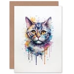 British Shorthair Cat Lovers Gift Watercolour Pet Portrait Painting Artwork Sealed Greeting Card Plus Envelope Blank inside