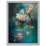 Low Hanging Cherry Blossom Branch in River Stream Modern Watercolour Painting Artwork Framed Wall Art Print A4