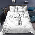 Loussiesd Winter Duvet Cover Set,Ski Lift with Fir Trees Monochrome Seasonal Holiday Destination Themed Sketch,Decorative 2 Piece Bedding Set with 1 Pillow Sham,Comforter Cover Single Size