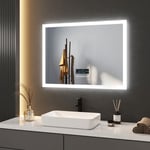 Miroir de salle de bain anti-buée 80x60cm Illumination led Miroir Muraux avec Bluetooth, horloge, Interrupteur Tactile - Lumière Blanc froide
