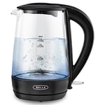 BELLA 1.7 Liter Glass Electric Kettle, Quickly Boil 7 Cups of Water in 6-7 Minutes, Soft Blue LED Lights Illuminate While Boiling, Cordless Portable Heater, Carefree Auto Shut-Off, Black