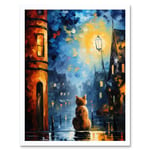 A Street Cat Named Desire Palette Knife Oil Painting Ginger Cat Village Night Art Print Framed Poster Wall Decor 12x16 inch