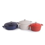 3pc Cast Aluminium Casserole Dish Set with 2.5L Red Casserole Dish, 4L Cream Casserole Dish & 4L Blue Shallow Casserole Dish