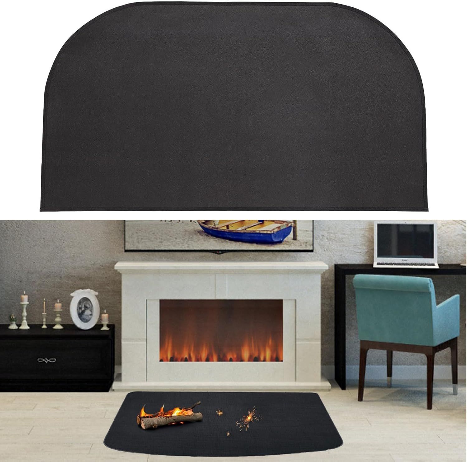 Tapis De Cheminée Rectangulaire Ignifuge Avec Bordure En Polyester Antidérapant Pour Poêle à Bois, Protège Les Sols De Terrasse Contre Les étincelles (182,9 X 91,4 Cm), Noir