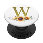 Sunflower, Gold Letter W Initial Monogram, Floral, White PopSockets Grip and Stand for Phones and Tablets