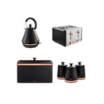 Tower Housewares Cavaletto Black Rose Gold Pyramid Kettle, 4 Slice Toaster Breadbin Canisters Set