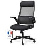 MELOKEA Chaise de Bureau Ergonomique, Fauteuil Bureau 200 KG avec Appui-tête Réglable, Accoudoirs Rabattables, Support Lombaire Ergonomique, Maille Respirante, Siège Conforme à en 1335, Noir