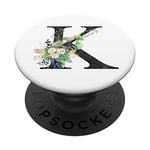 Initial K Letter Floral Monogram Black on White - K PopSockets Grip and Stand for Phones and Tablets