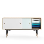 Sideboard With Tray Unit, Oak, White/Light Blue, Black Steel, Cold