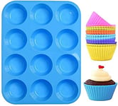 Easy Cleaning Stain Resistant 12 Cup Silicone Muffin Tray With 12 Reusable Cup Cake Moulds Perfect For Baking Cupcakes Muffins Savoury Cakes Dishwasher Microwave Safe BPA-Free UK Based