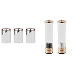 Tower Linear T826001RW Set of 3 Canisters with Air Tight Lid and Polished Stainless Steel, White and Rose Gold & T847003RW Electric Salt and Pepper Mills, Stainless Steel, White, 5.6 x 5.6 x 22.5 cm