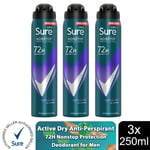 Sure Men Anti-perspirant 72H Nonstop Protection Active Dry Deodorant, 3x250ml