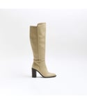 River Island Womens Knee High Boots Beige Buckle Detail Heeled Pu - Size UK 7