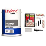 Leyland Trade 264803 Vinyl Matt Emulsion Paint - Brilliant White 5L & Fit For The Job 10pcs Home Decorating Kit Paint Rollers & Tray Set with Paint Brush,Dust Sheet,Stirrer