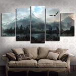 CSDECOR Print Painting Canvas, 200X100 Cm 5 Piece Hd Wall Art Picture Dragon Skyrim Oil Painting Mural On Canvas For Living Room Decor