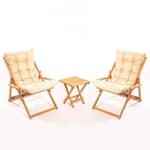 Ensemble 2 chaises de jardin et 1 table basse Purrault Bois massif clair et Tissu Blanc crème