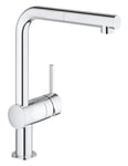 GROHE Minta - Pull Out Kitchen Sink Mixer Tap (Monobloc Installation, L-spout, 360° Swivel Range, Pull-Out Spray Head, 46 mm Ceramic Cartridge, Tails 3/8 Inch), Size 329 mm, Chrome, 32168000