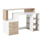 HOMCOM Bureau Informatique Bureau avec Rangement multimédia Design Multi-rangements 137 L x 55 l x 92 H cm chêne Blanc