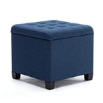 HNNHome Ottoman Cube en Lin avec Coffre de Rangement, Pouf, Tabouret, avec siège/Couvercle rembourré Amovible, pour Salon, Coiffeuse, Chambre, Entrée - 45 x 45 x 41 cm - Bleu Marine